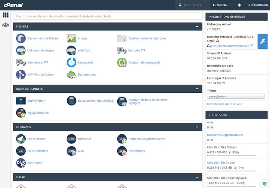 Tableau de bord cPanel